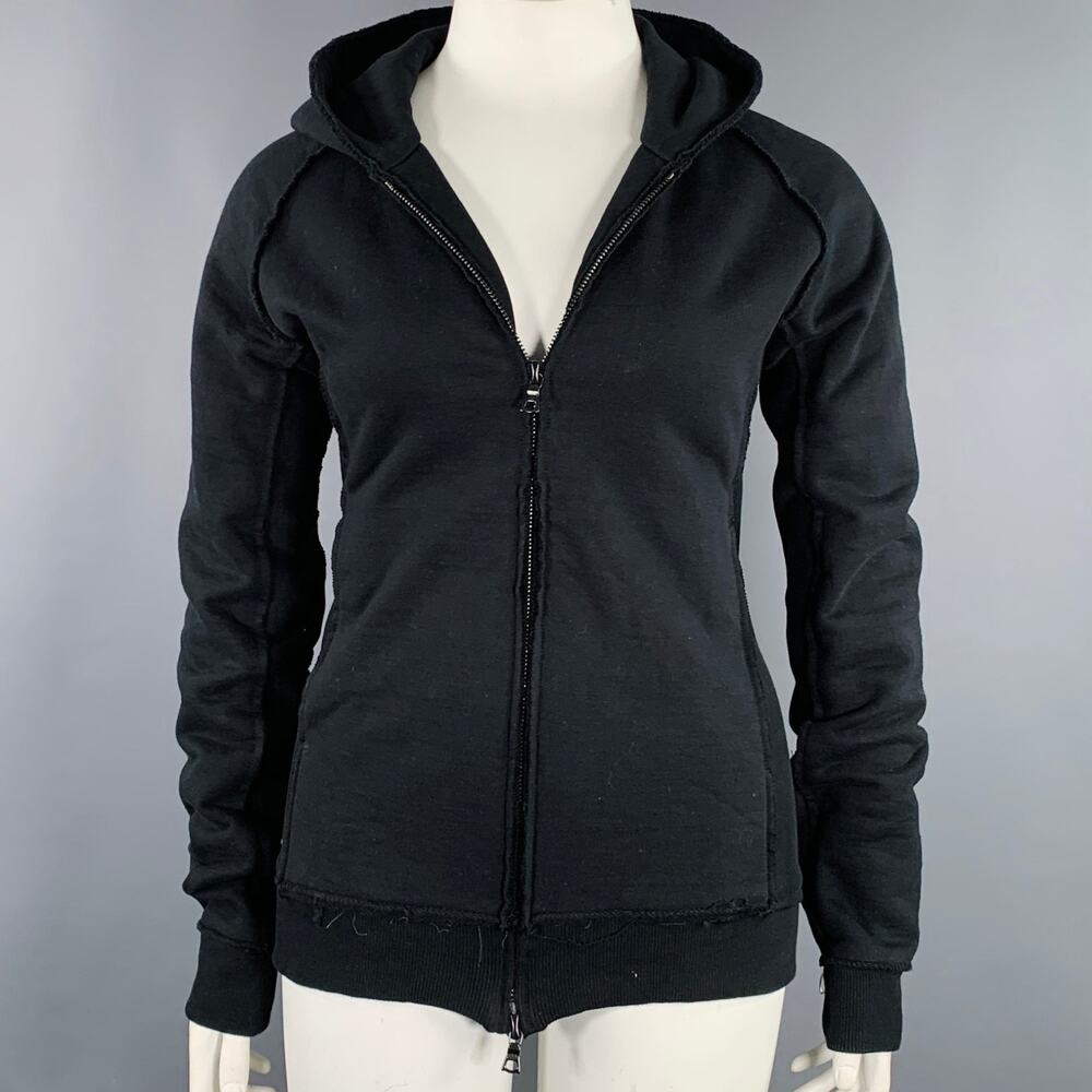 WJK Size L Black Cotton Raw Edge Zip Up Hoodie